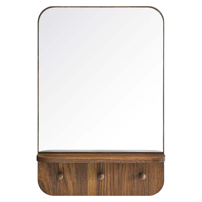 Walnut-toned wall mirror with a rounded-top frame.