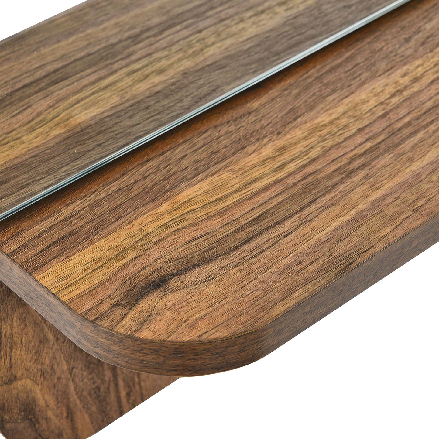 Walnut wood framed mirror with curved rounded edge and glass reflective surface.