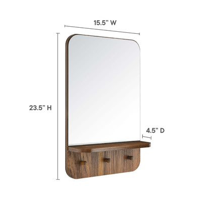 Walnut wood-framed wall mirror with rounded top, shelf & three hooks for entryway storage.