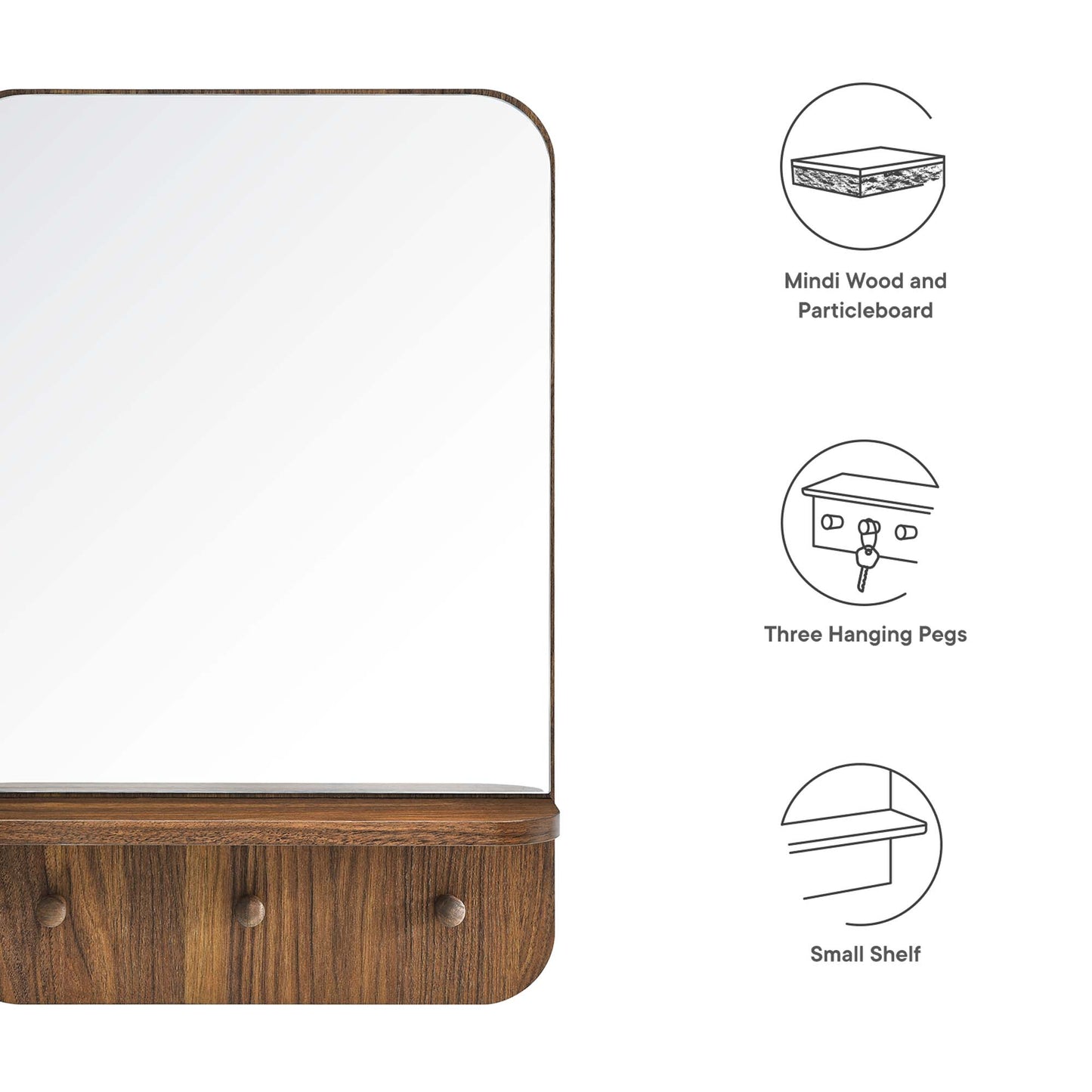 Walnut Mindi Wood & Particleboard wall mirror with small shelf and three hanging pegs.