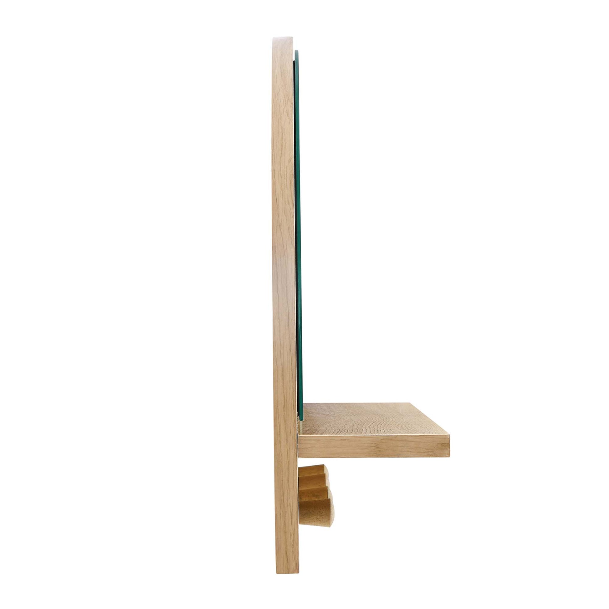 Oak arched wall mirror with glass surface in a brown wood frame