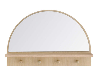 Oak finish arched wall mirror with a slim shelf and three wooden pegs.