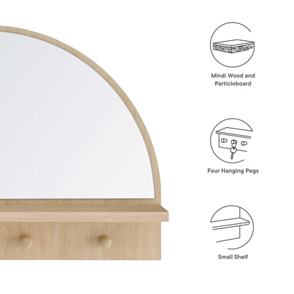 Arched oak wood vanity mirror with a small shelf and a two-knob drawer base.