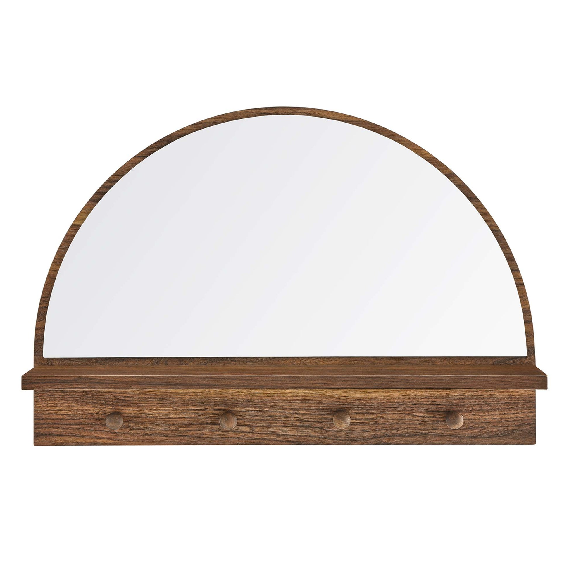 Walnut-finish arched wall mirror with a wooden shelf and three round pegs.