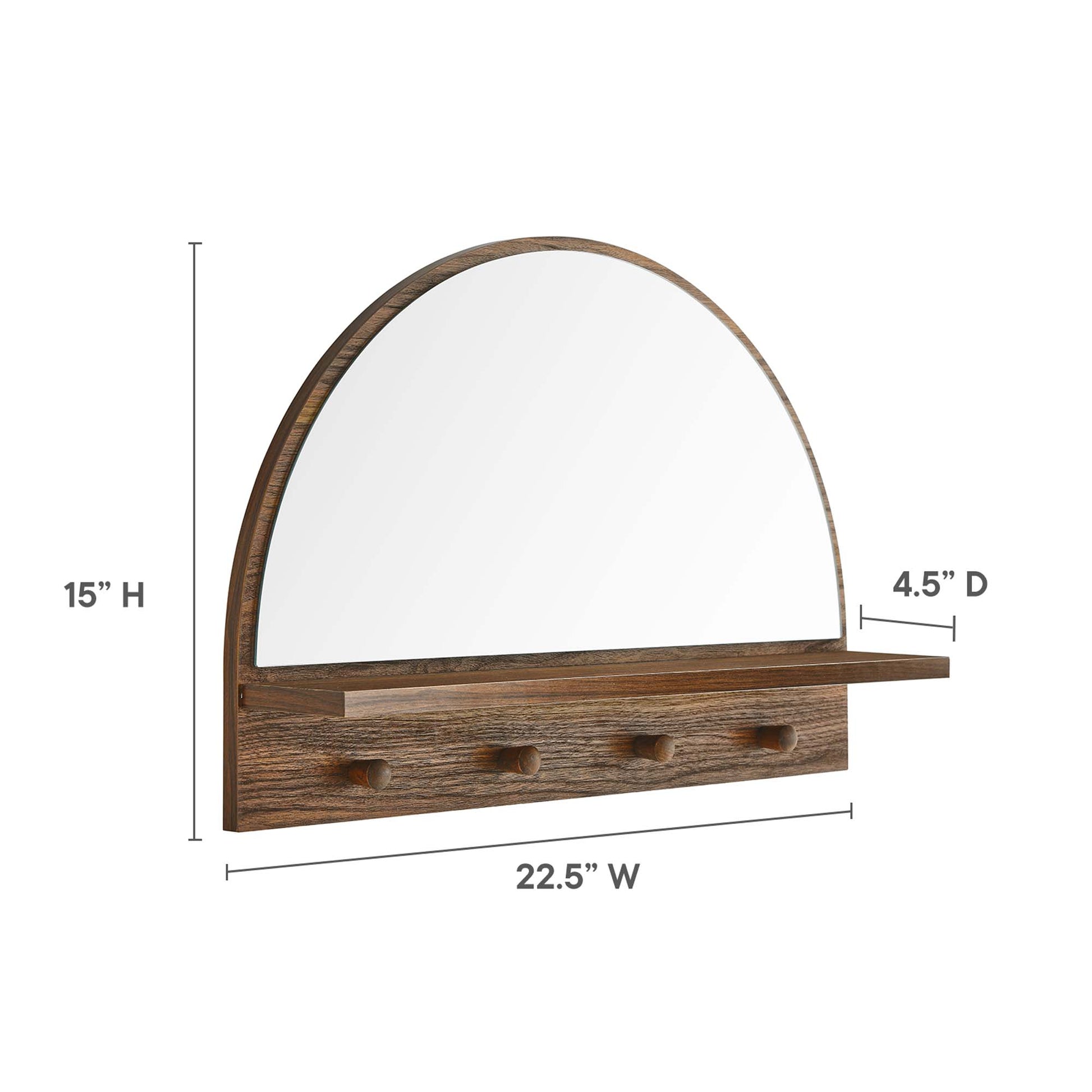 Walnut arched wall mirror with semicircular top, lower shelf and three hooks.