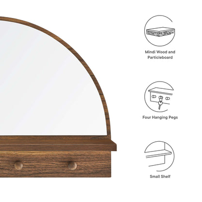 Walnut-finish Mindi wood and particleboard arched mirror.