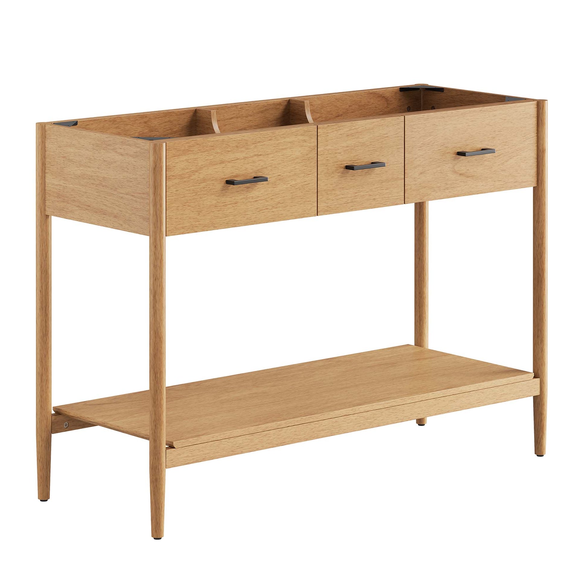 Natural wood bathroom vanity cabinet with three top drawers, black metal handles, open lower shelf, and slim tapered legs; double sink compatible (sink basin not included).