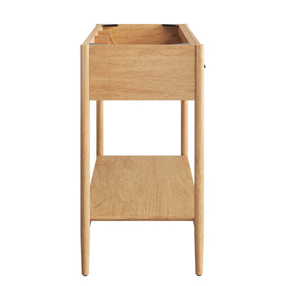 Natural-finish bathroom vanity cabinet; rectangular cabinet with doors for storage, designed for double-sink setup; sink basin not included.
