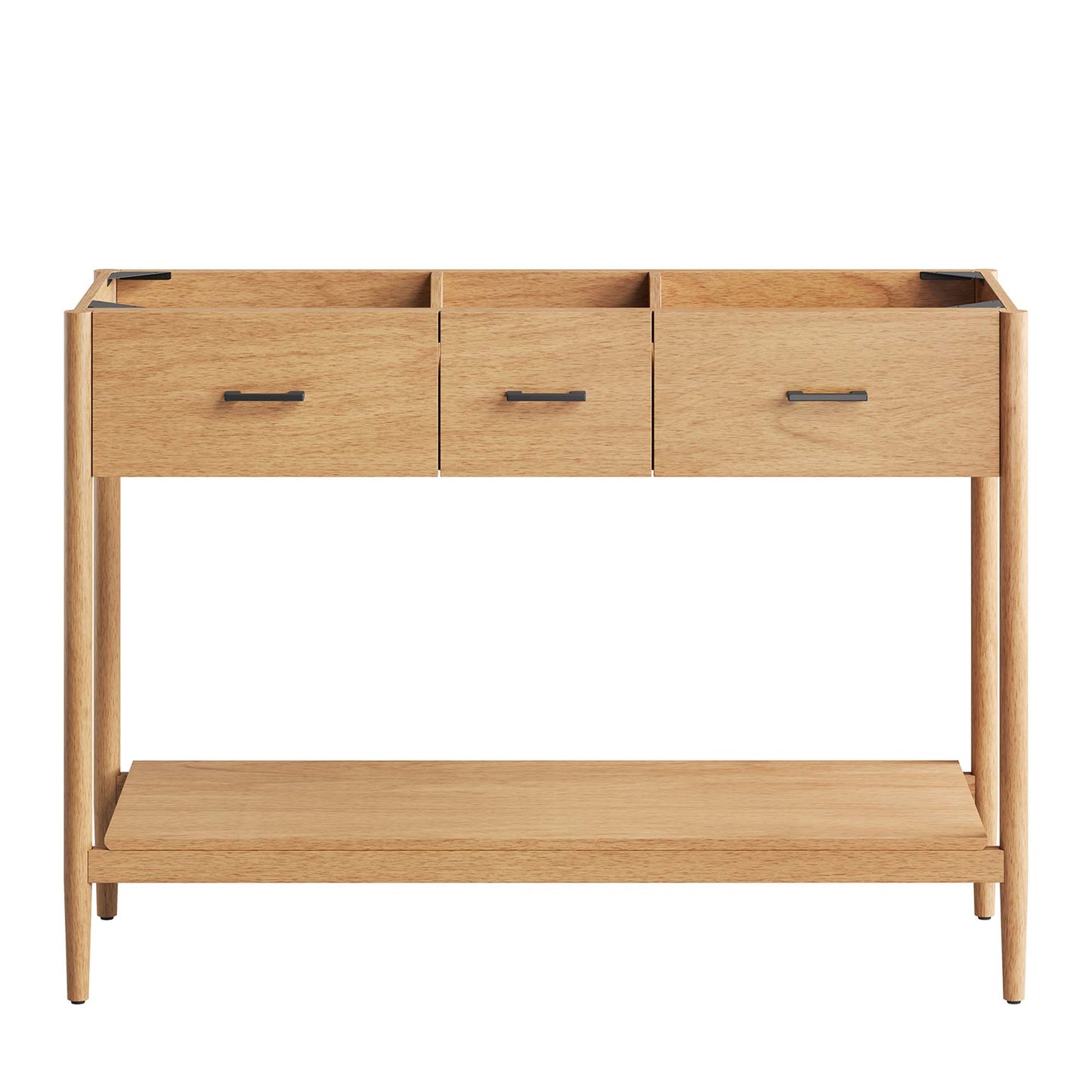 Natural wood bathroom vanity cabinet designed for double sinks; features storage drawers.