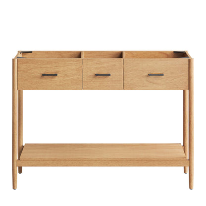 Natural wood bathroom vanity cabinet designed for double sinks; features storage drawers.