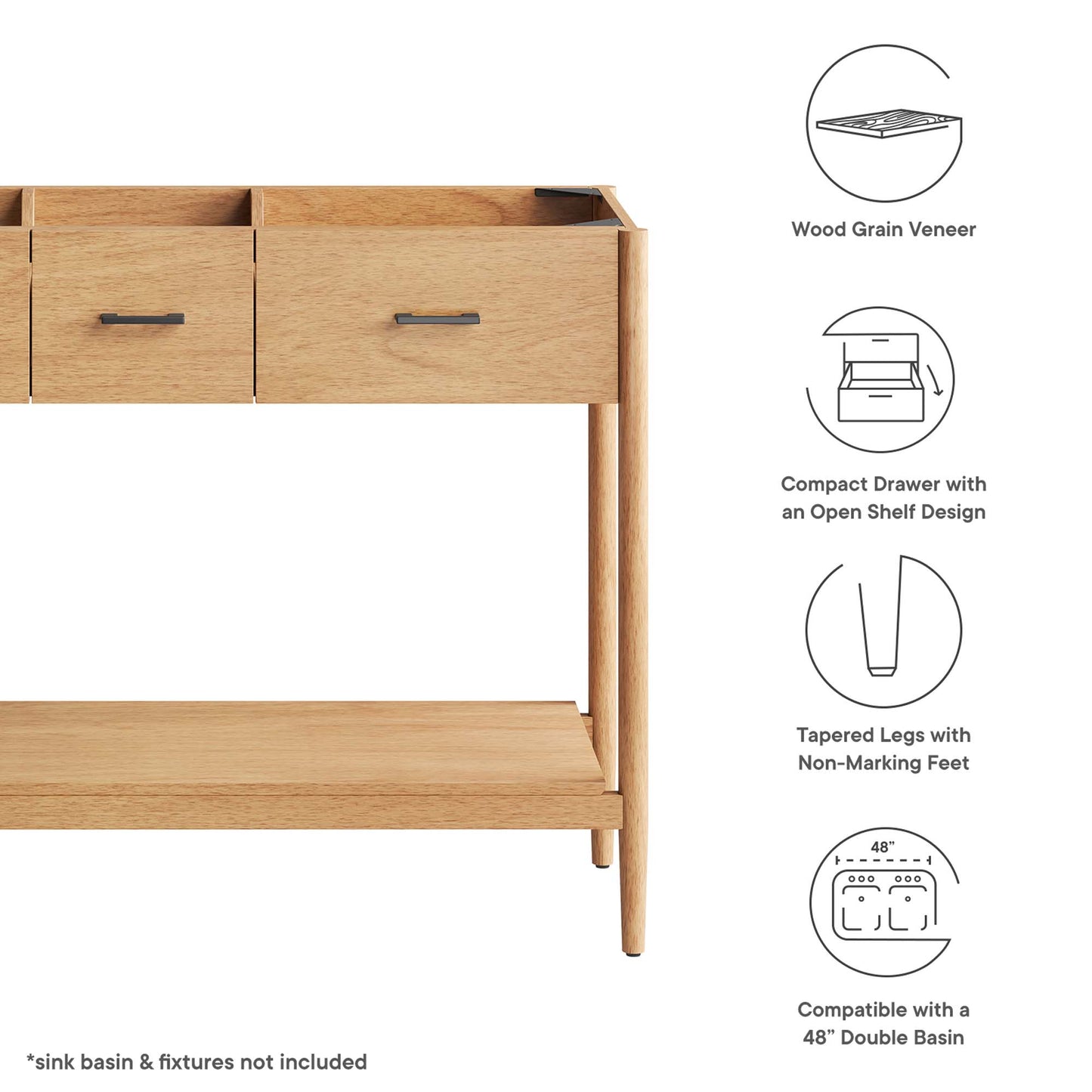 Natural wood grain veneer bathroom vanity cabinet with 3 drawers and an open shelf, tapered legs with non-marking feet, 48" wide for double sinks.