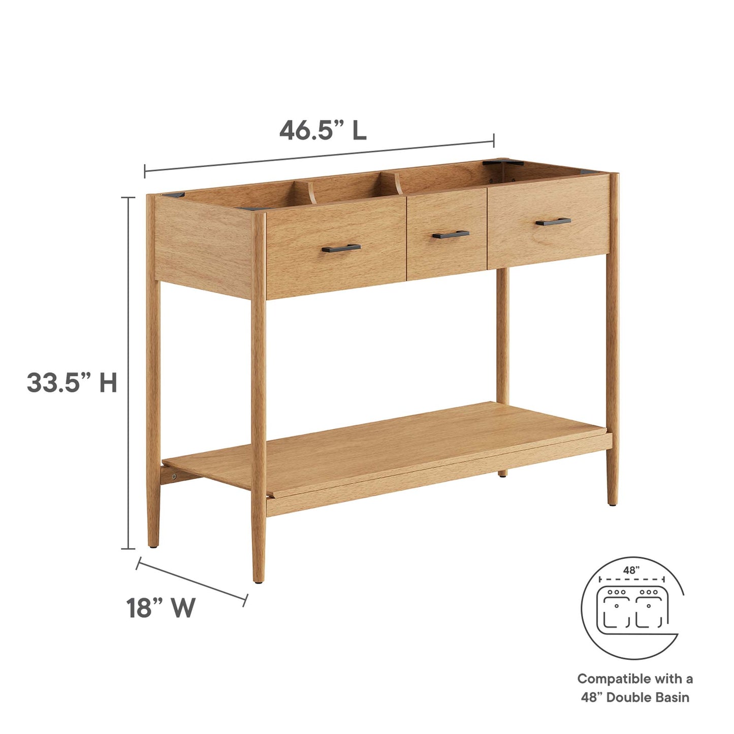 Natural oak bathroom vanity cabinet with three top drawers and open lower shelf; double-sink compatible, 46.5" L x 33.5" H x 18" W.