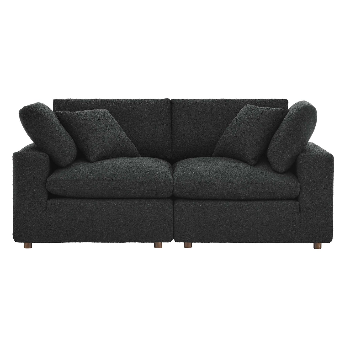 Charcoal gray boucle fabric loveseat with two-seat cushions, back cushions, square arms, wooden legs, and two throw pillows.