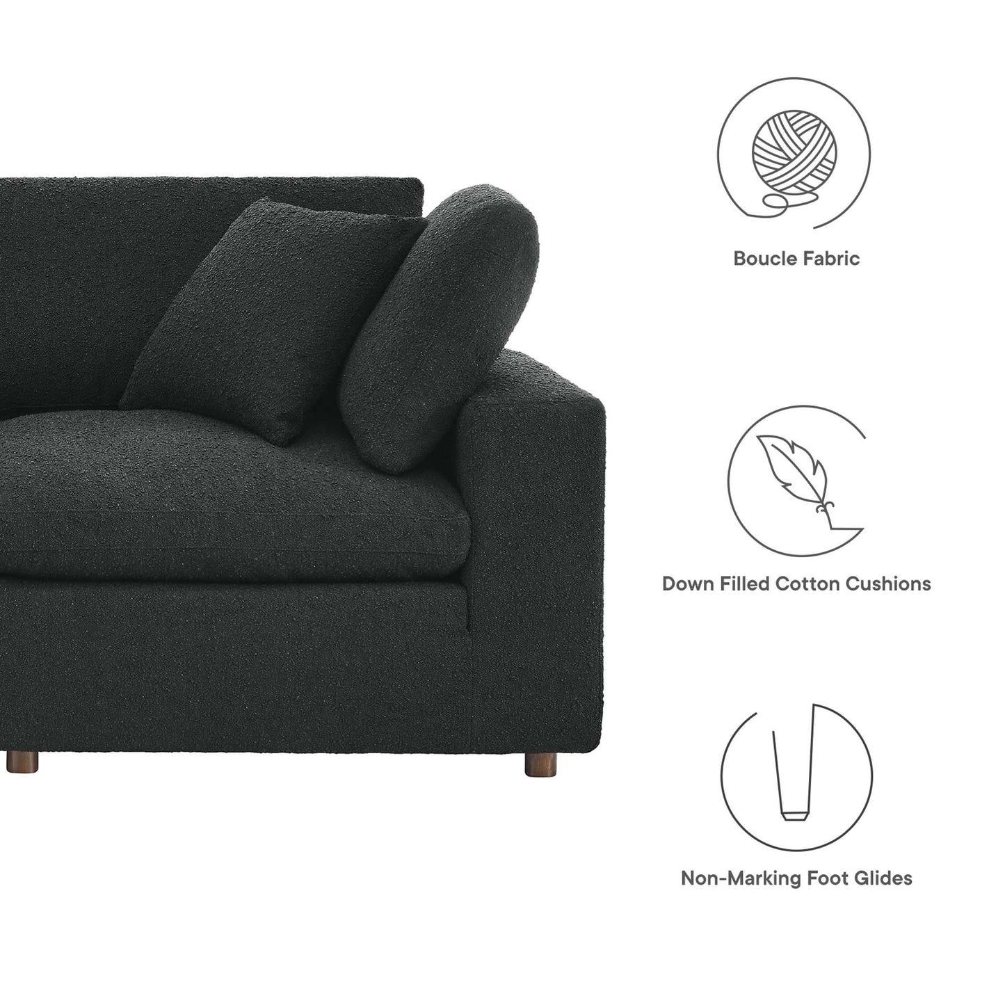 Black boucle fabric 2-seater loveseat with back cushion, bolster pillow, wooden feet, down-filled cushions, and non-marking glides.