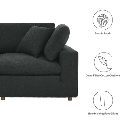 Black boucle fabric 2-seater loveseat with back cushion, bolster pillow, wooden feet, down-filled cushions, and non-marking glides.