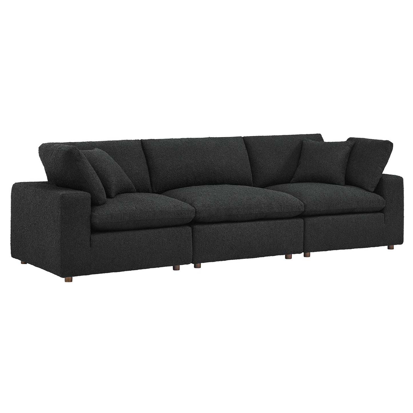 Black boucle fabric 3-Seater sofa with three seat cushions, matching back cushions, boxy arms and wooden legs.