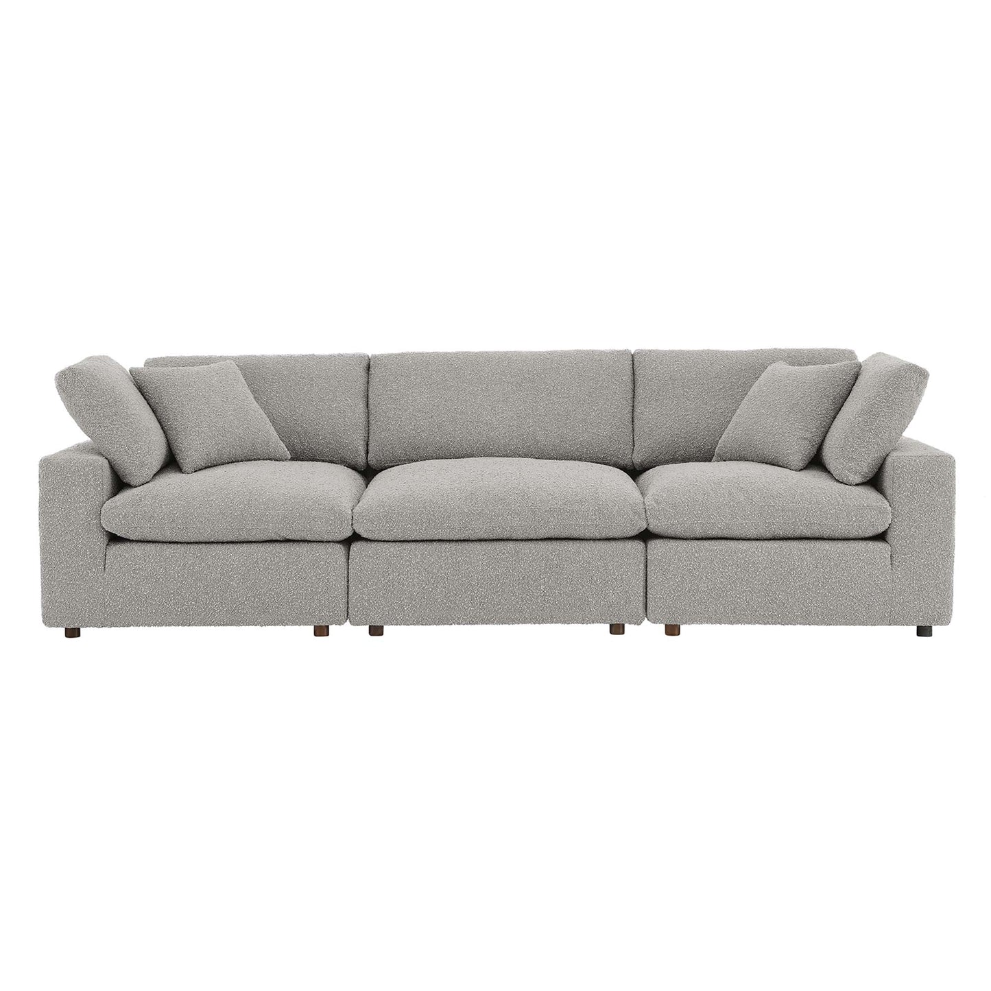 Light gray EEI-6362-LGR boucle fabric 3-seater sofa with loose back cushions and matching pillows.
