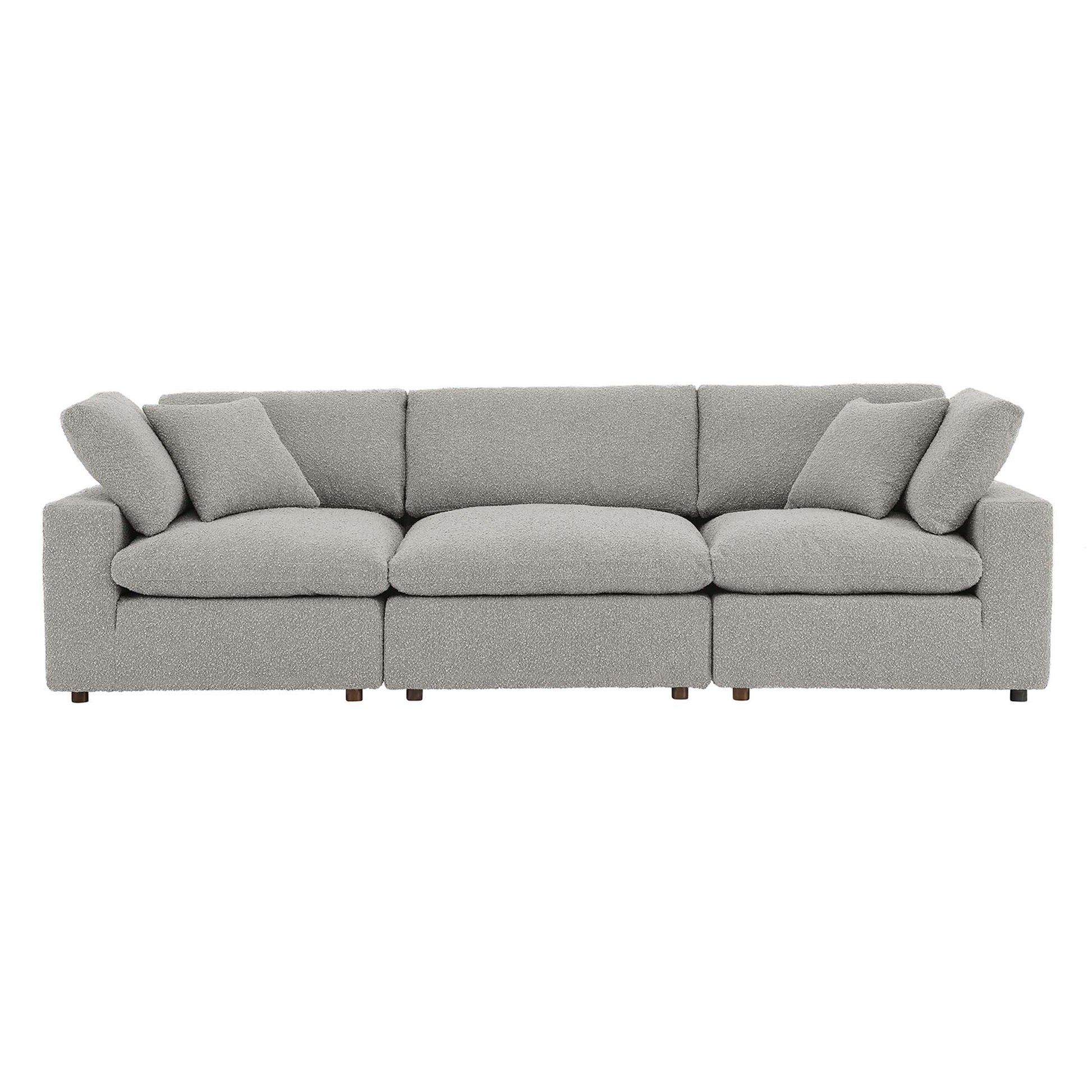 Light gray EEI-6362-LGR boucle fabric 3-seater sofa with loose back cushions and matching pillows.