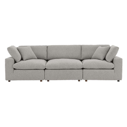 Light gray EEI-6362-LGR boucle fabric 3-seater sofa with loose back cushions and matching pillows.