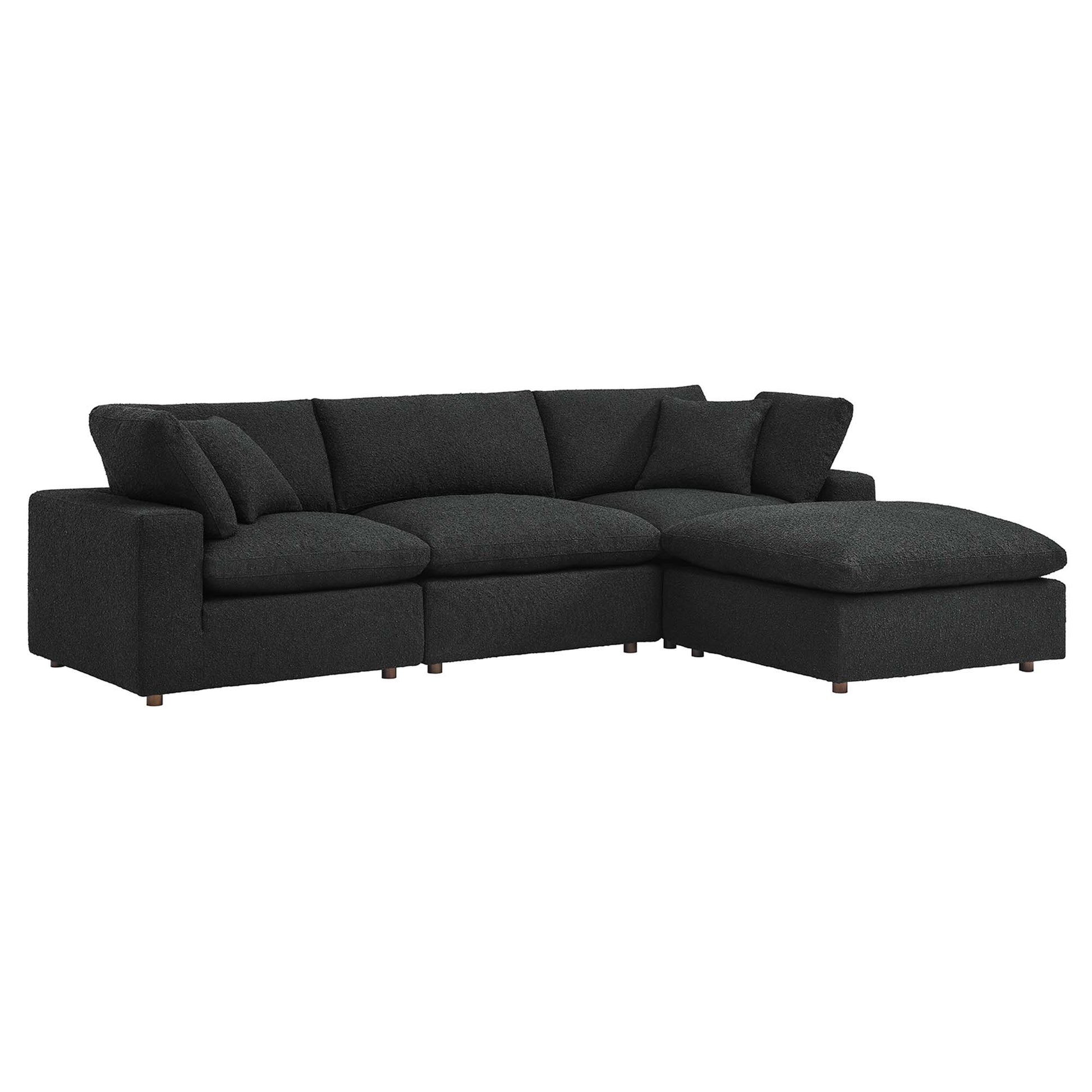 Charcoal fabric L-shaped sectional sofa with chaise, square back cushions, short wooden legs.