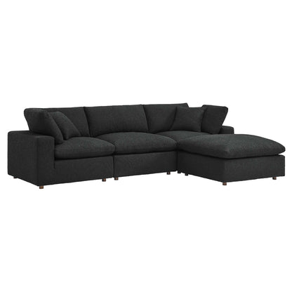 Charcoal fabric L-shaped sectional sofa with chaise, square back cushions, short wooden legs.