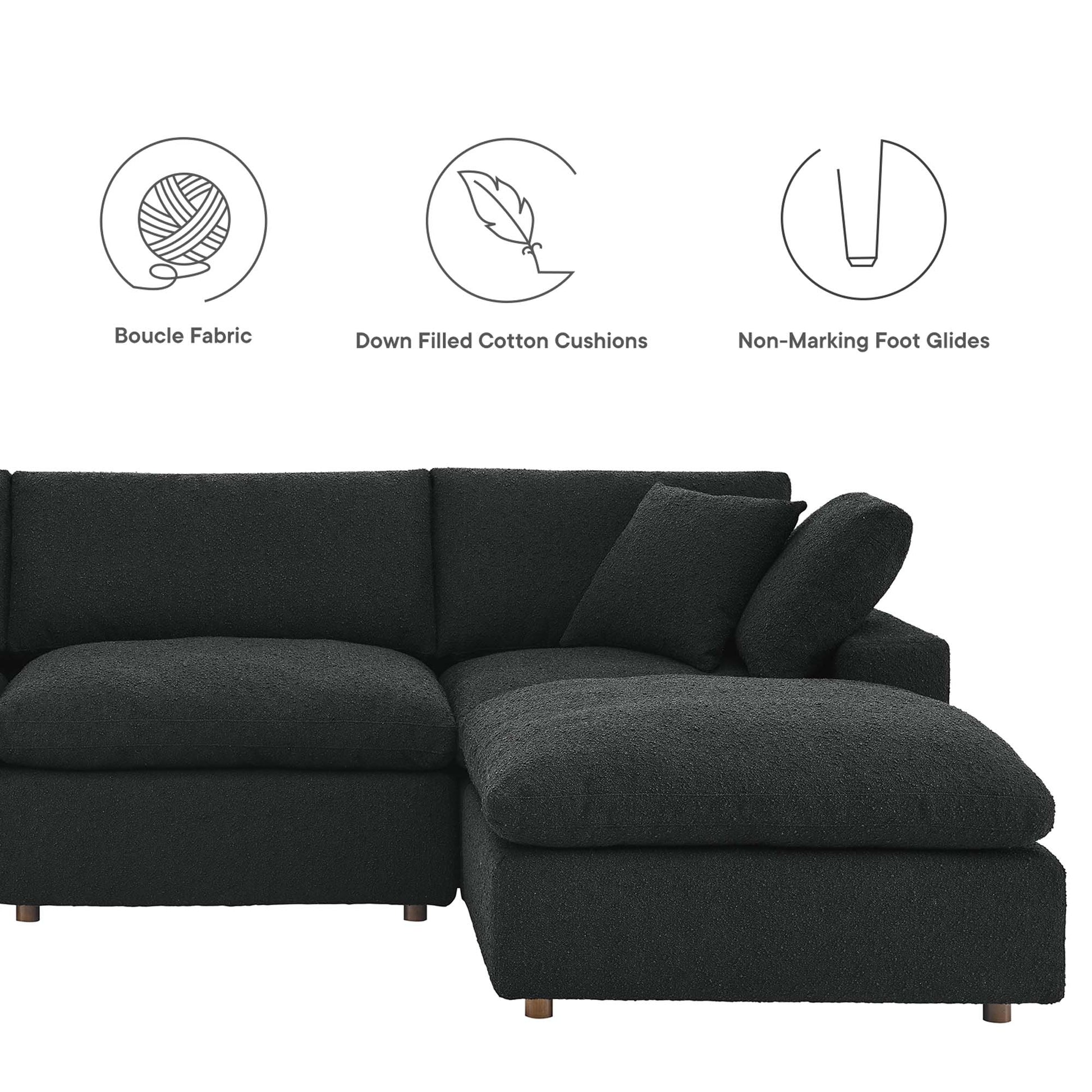 Black boucle fabric L-shaped sectional with chaise, down-filled cushions, non-marking foot glides.