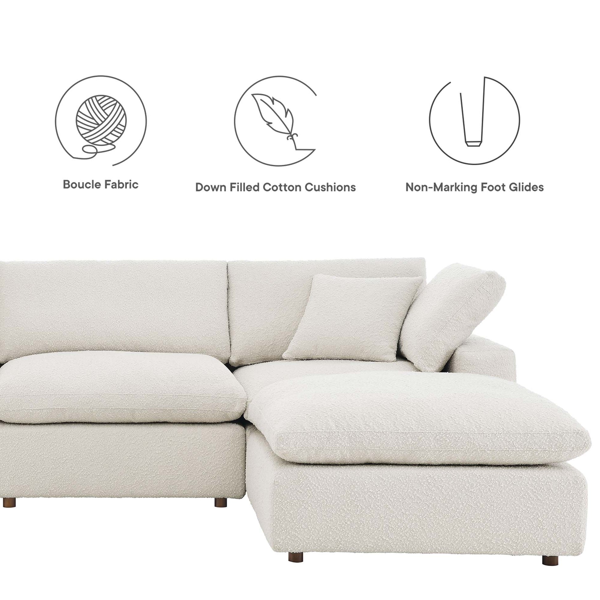White boucle fabric L-shaped sectional sofa with chaise, down-filled cushions, non-marking feet.