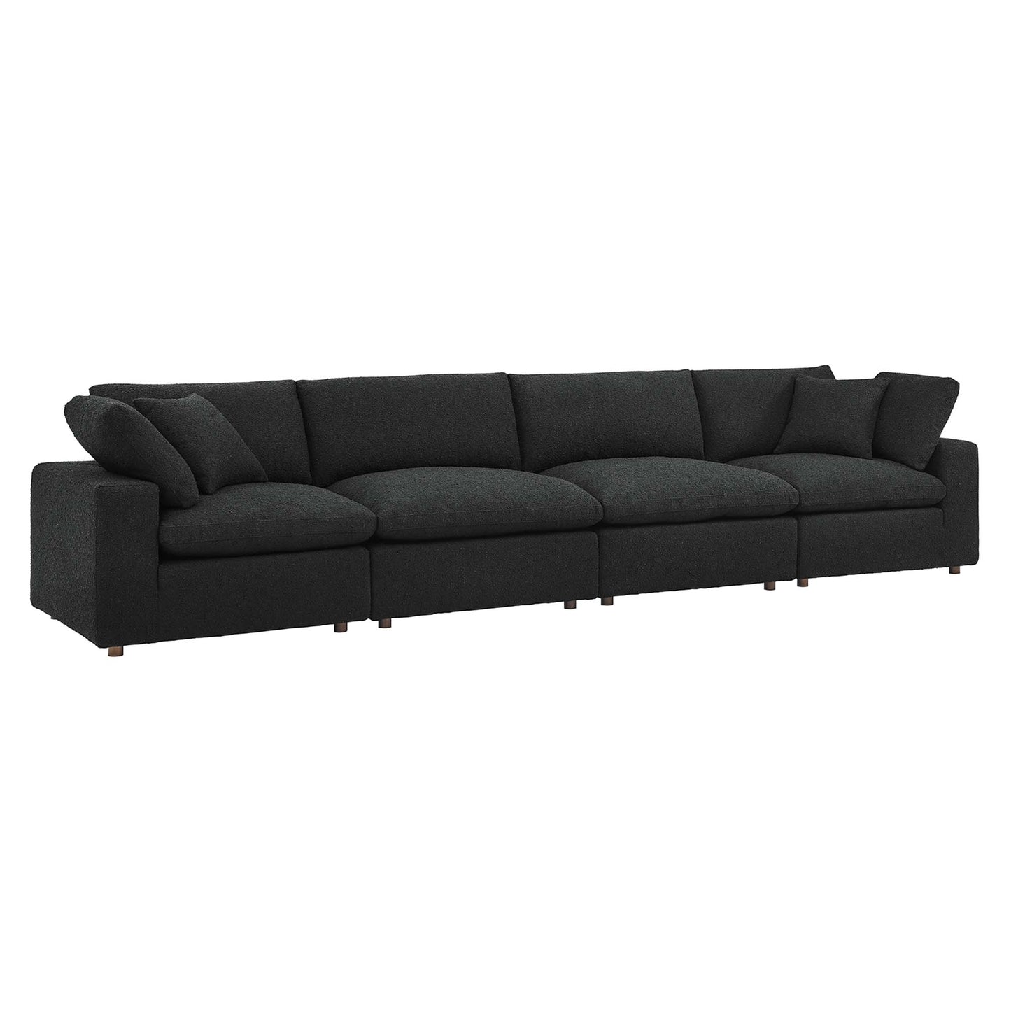 Charcoal black boucle fabric 4-seater sofa with low arms, plush cushions, and light wooden legs.
