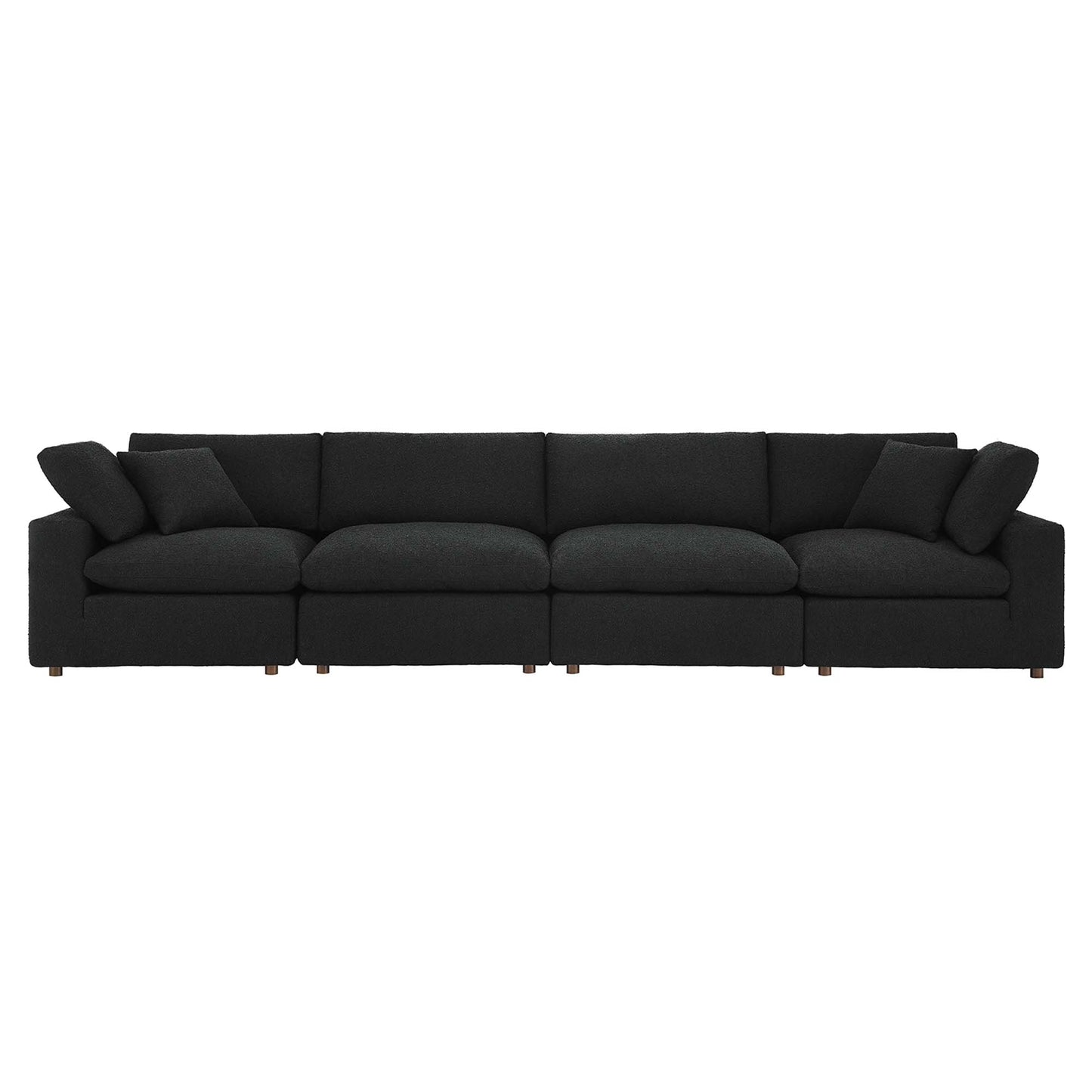 Charcoal fabric sofa with plush cushions, low square arms, and short wood legs for modern living room seating.