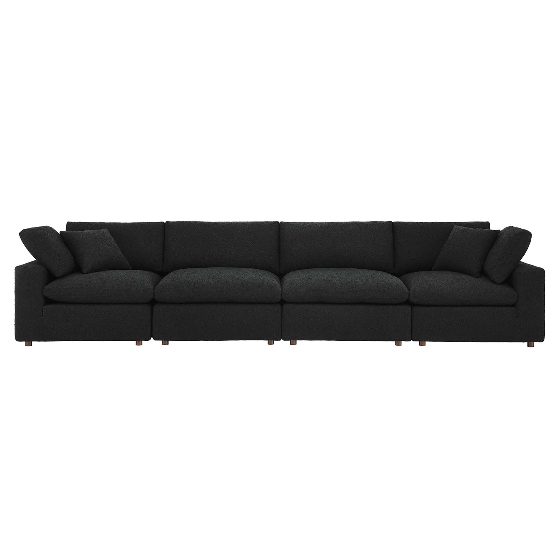 Charcoal fabric sofa with plush cushions, low square arms, and short wood legs for modern living room seating.