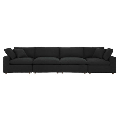 Charcoal fabric sofa with plush cushions, low square arms, and short wood legs for modern living room seating.