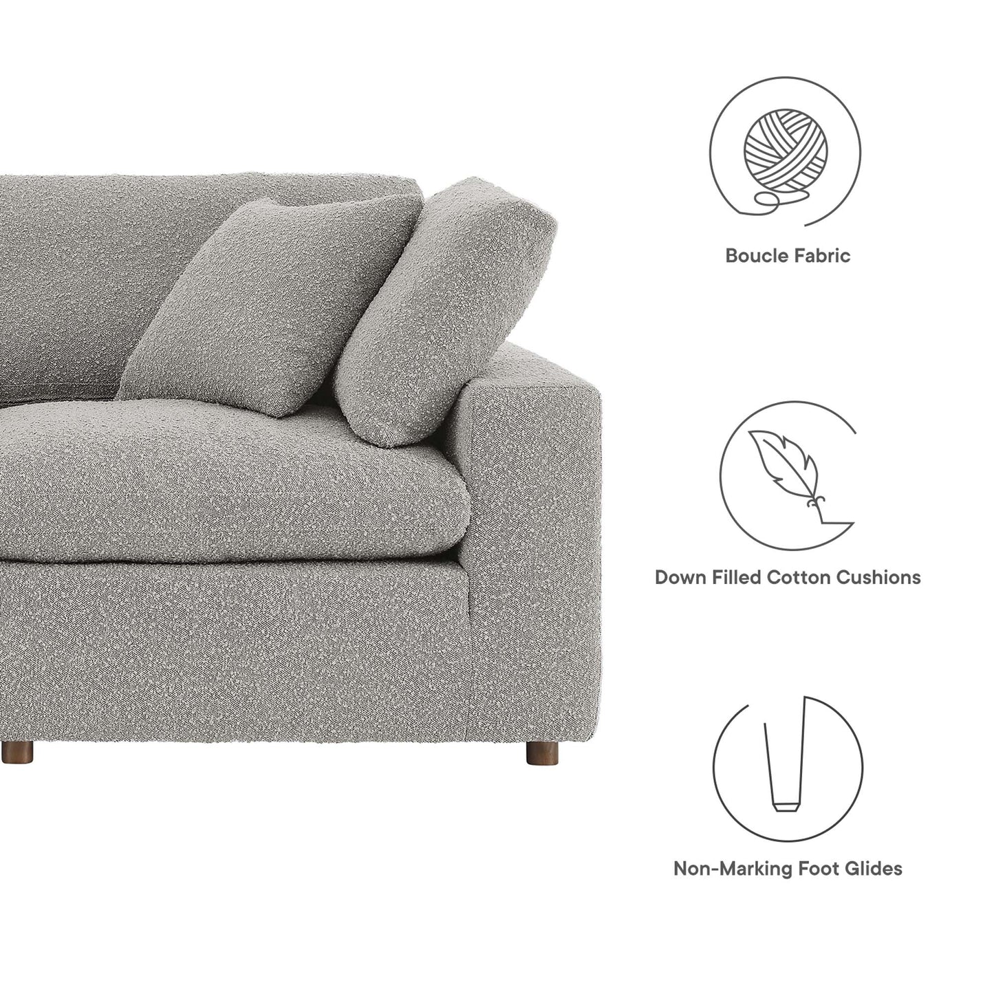 Light gray boucle fabric sofa with plump cushions, clean lines, modern style; down-filled cushions; non-marking foot glides.