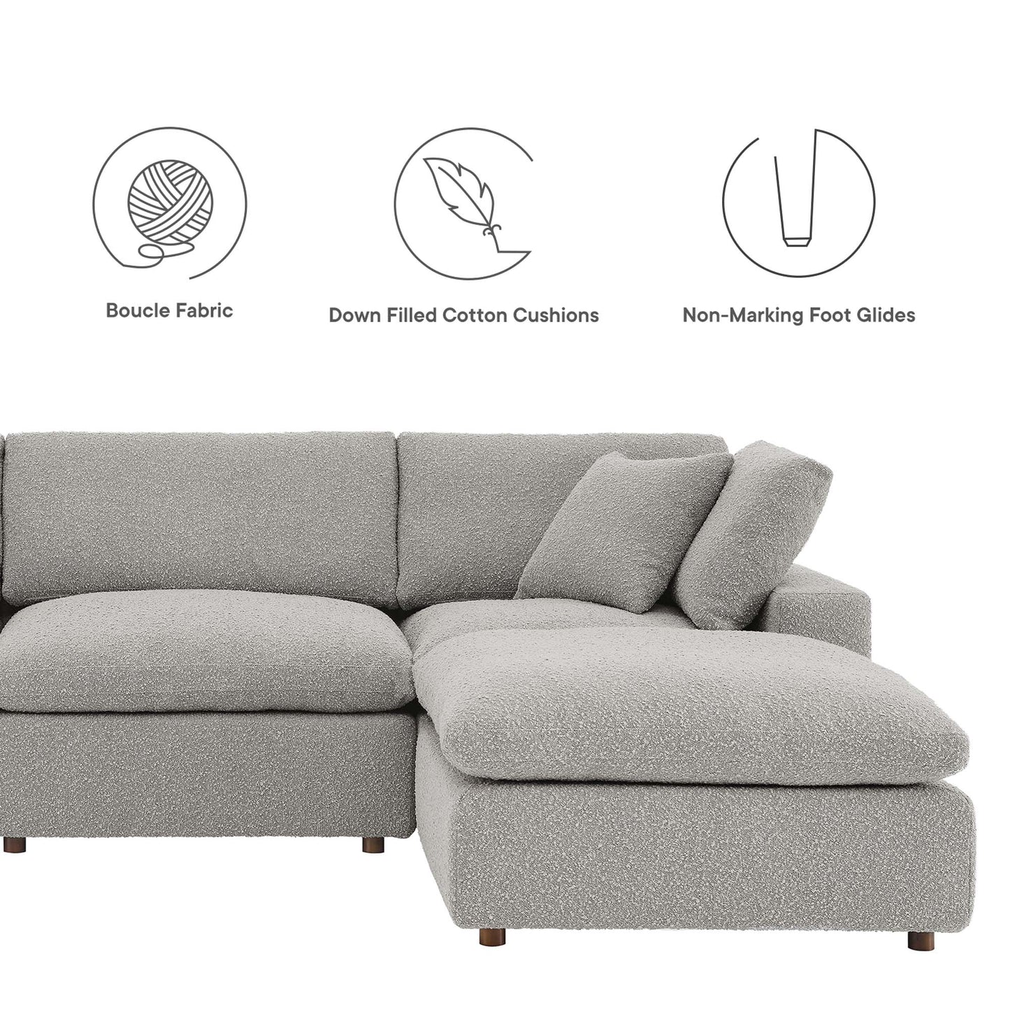 Grey boucle fabric sectional sofa with chaise on the right, down-filled cushions, non-marking foot glides.
