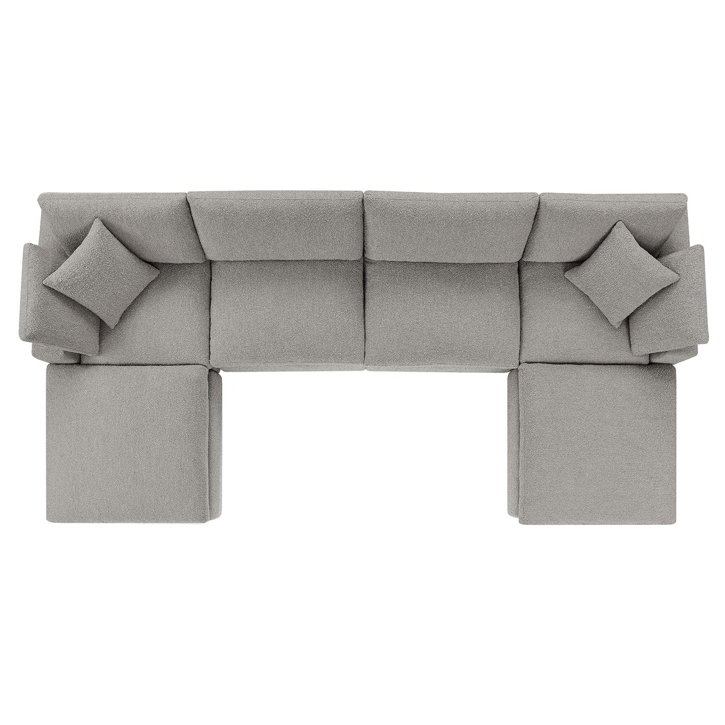 Light gray fabric modular sectional sofa with square cushions and matching ottomans for modern living room seating.
