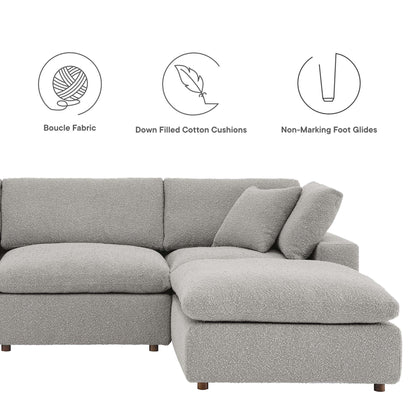 Gray boucle fabric L-shaped sectional sofa with chaise, down-filled cushions, and non-marking foot glides.
