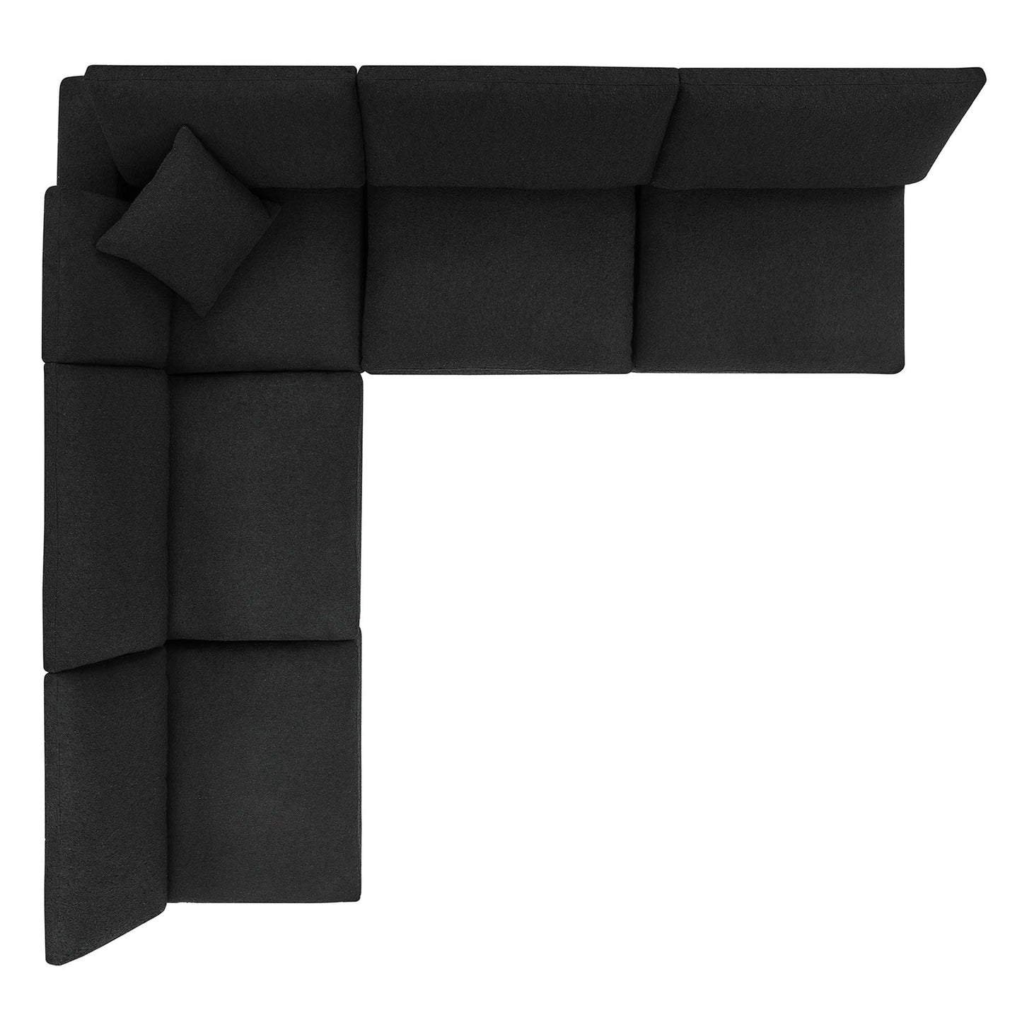Black fabric L-shaped sectional sofa with multiple cushions and a small throw pillow.