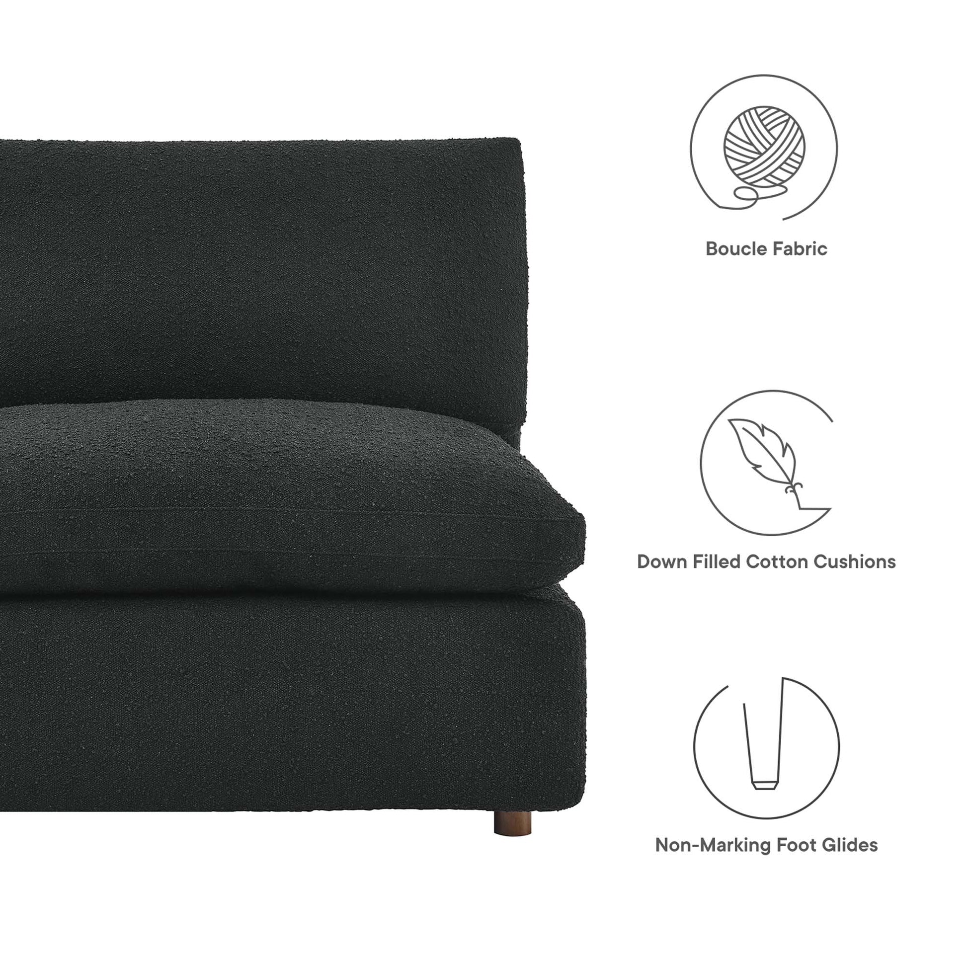 Charcoal boucle fabric sectional sofa with down-filled cotton cushions & wooden legs.