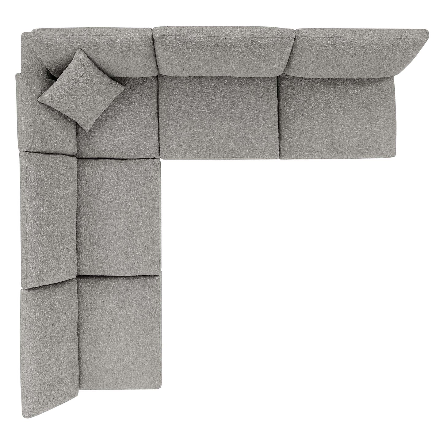 Gray fabric modular L-shaped sectional sofa with a corner chaise, square cushions and a matching throw pillow.