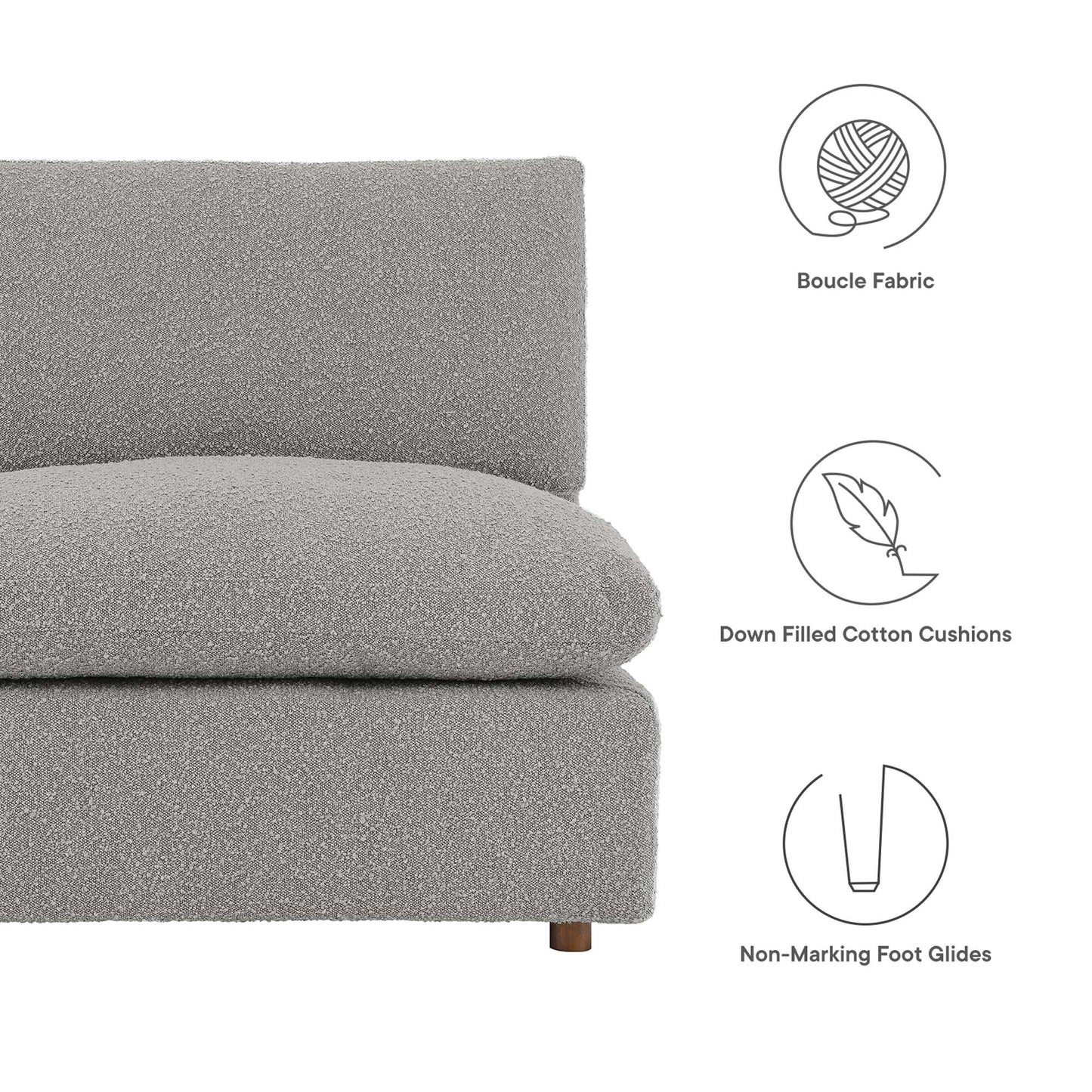 Light gray boucle fabric sectional sofa with rounded back and seat cushions; down-filled cotton cushions; non-marking foot glides.