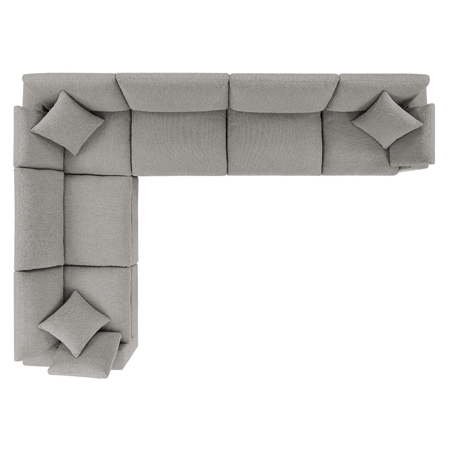 Gray fabric modular L-shaped corner sectional sofa with square throw pillows.