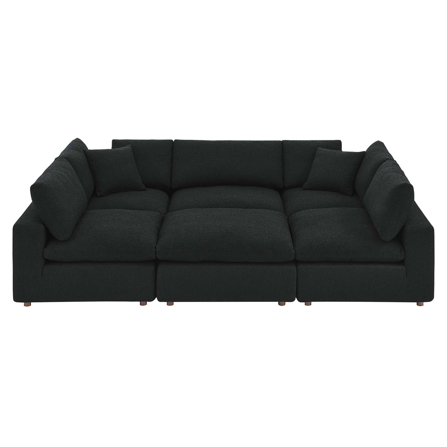 Dark charcoal boucle fabric sectional sofa with straight arms.