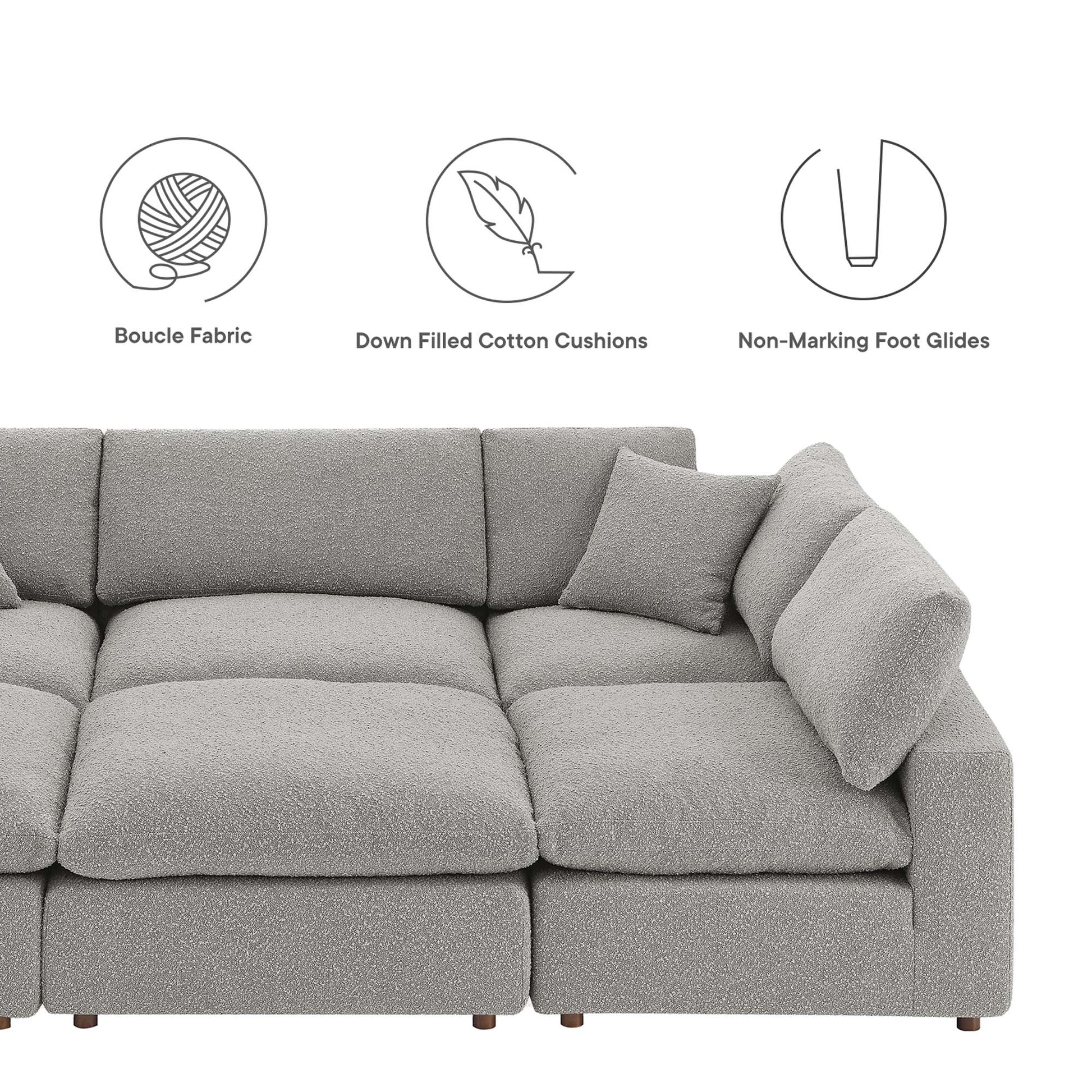 Gray boucle fabric modular sectional sofa with down-filled overstuffed cushions and non-marking foot glides.