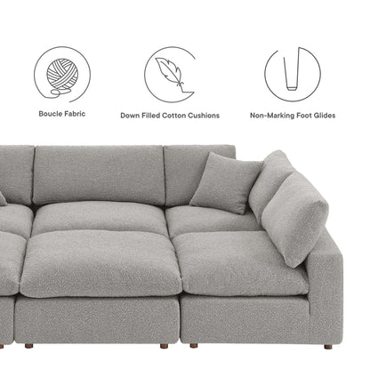 Gray boucle fabric modular sectional sofa with down-filled overstuffed cushions and non-marking foot glides.