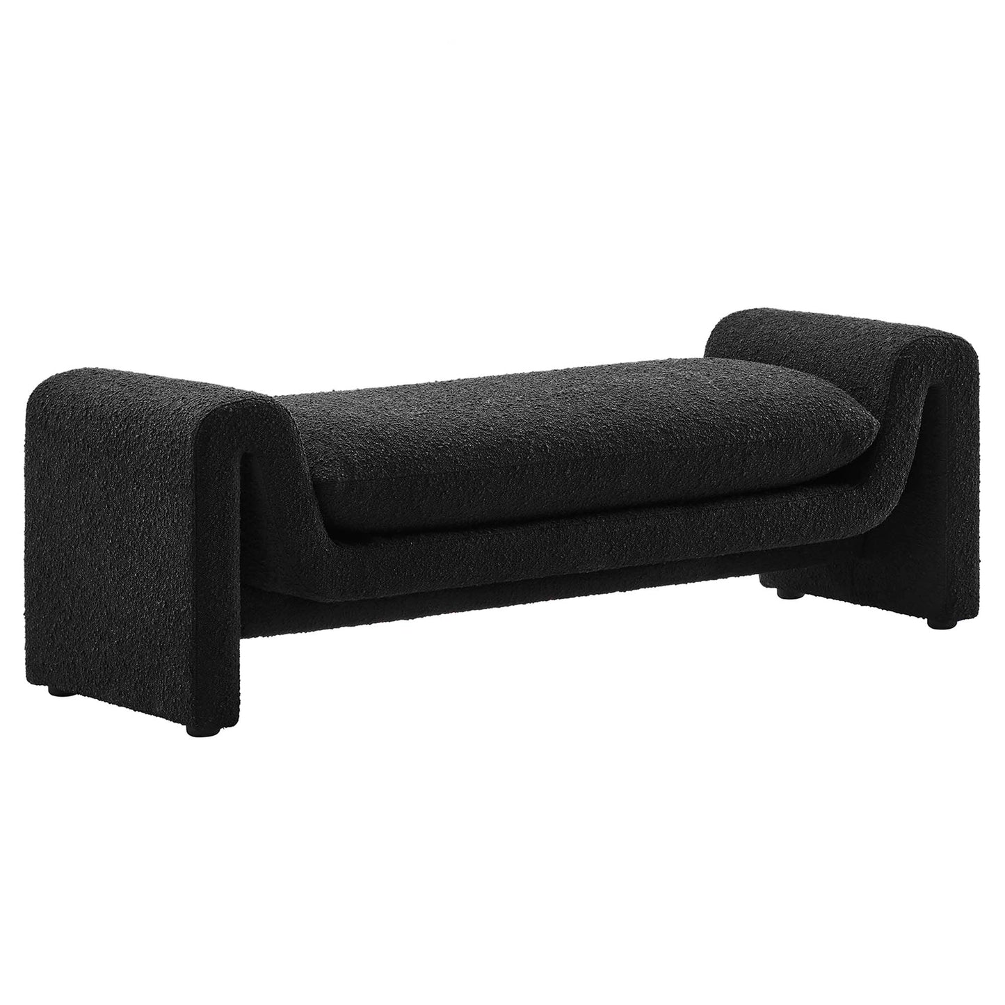 Black boucle fabric bench with a low-profile modern design.