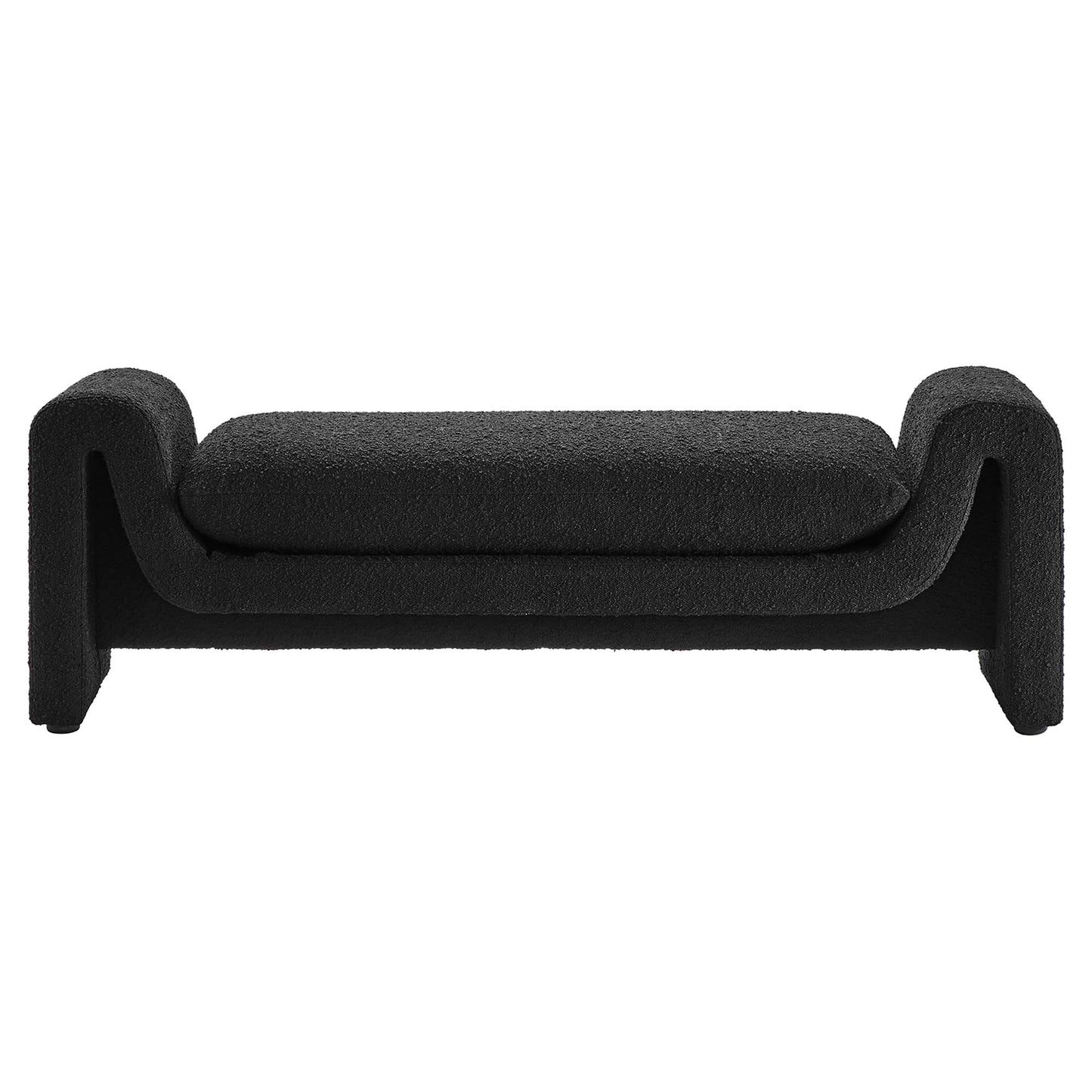 Black boucle fabric bench with a long rectangular cushion.
