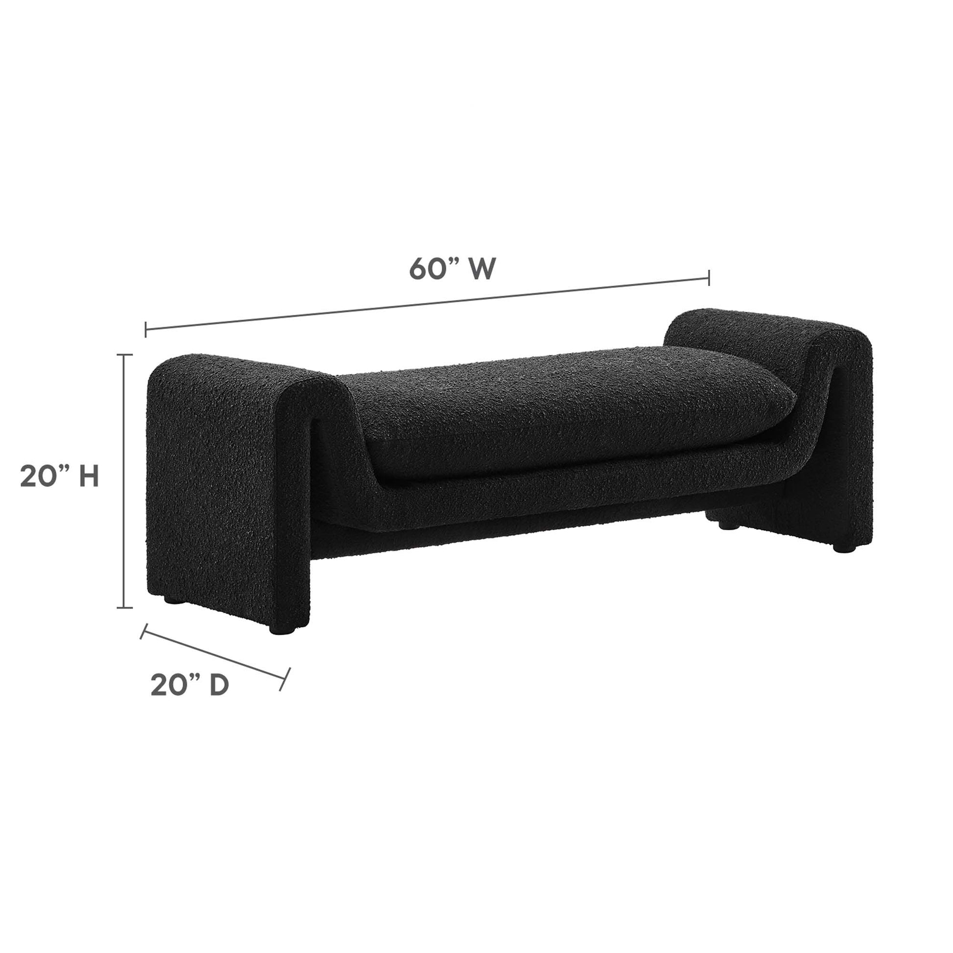 Black boucle fabric bench with a textured finish and chunky curved arm ends; modern low-profile seating, 60W x 20H x 20D