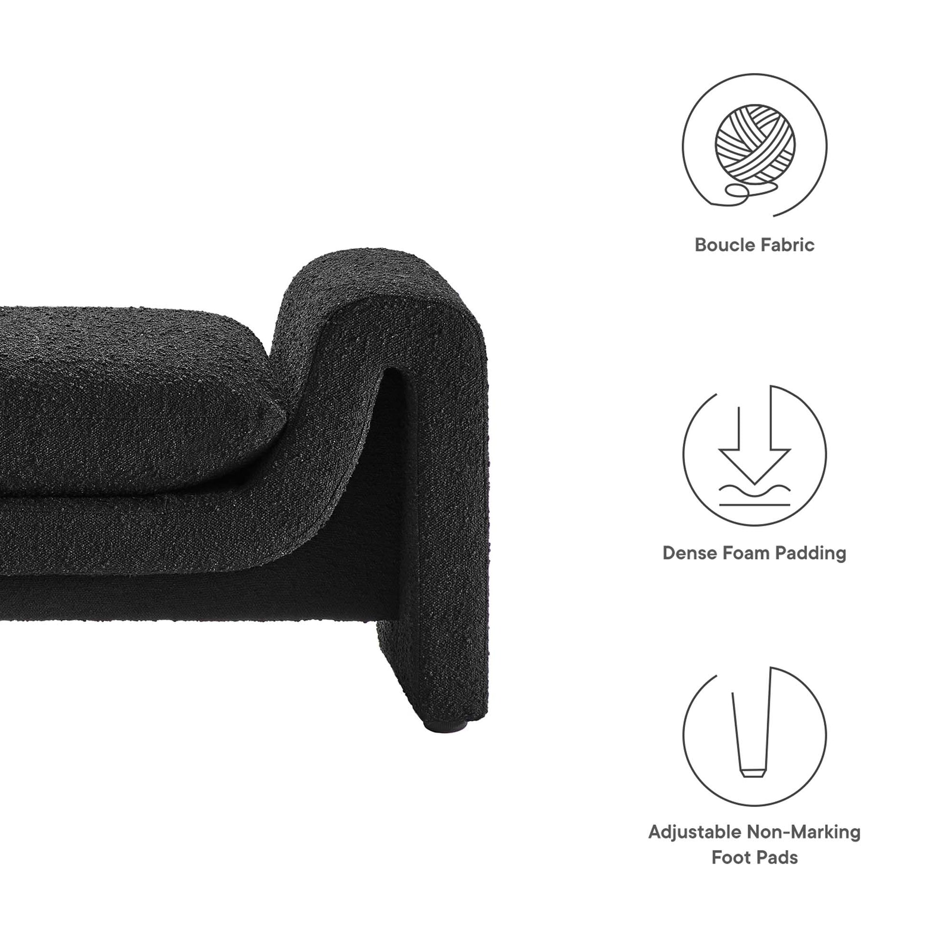 Close-up of black foam-padded curved support featuring boucle fabric texture and adjustable non-marking foot pads.