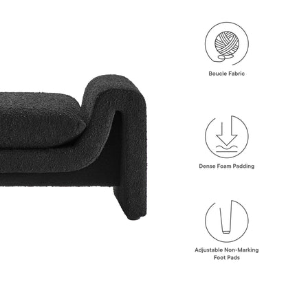 Close-up of black foam-padded curved support featuring boucle fabric texture and adjustable non-marking foot pads.