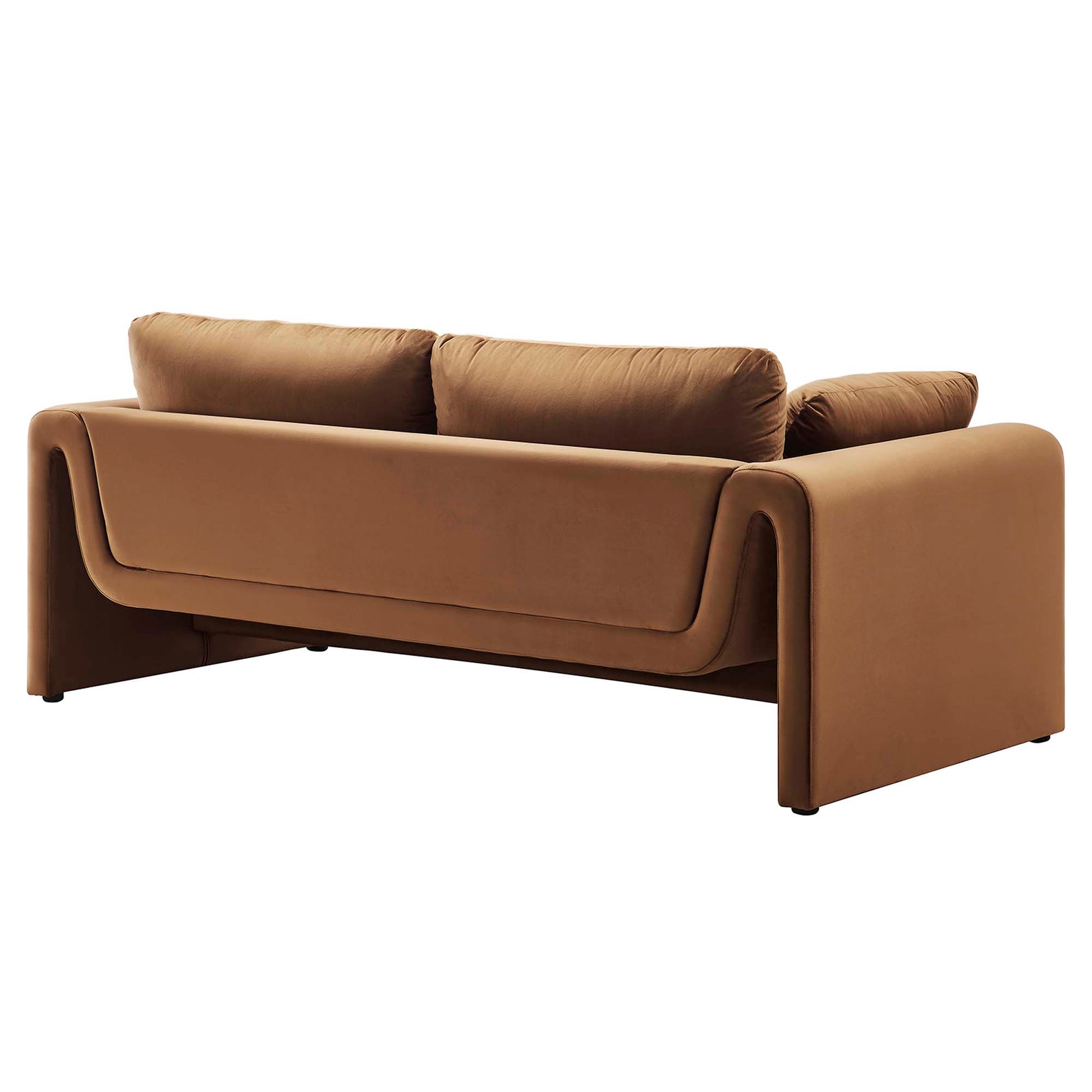 Brown velvet sofa with wide rounded arms, plush back cushions, and low legs; modern 3-seat design.