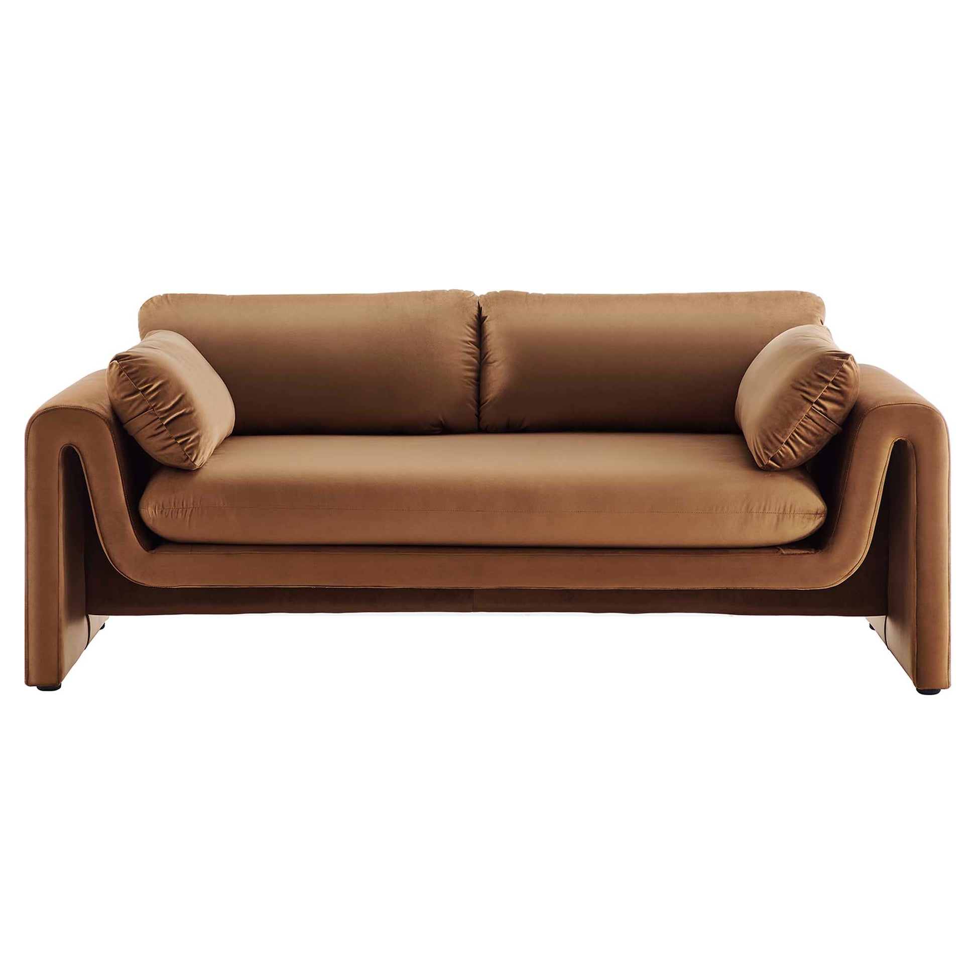 Brown velvet sofa with wrap-around sculpted arms, two back cushions, and cylindrical bolster pillows.